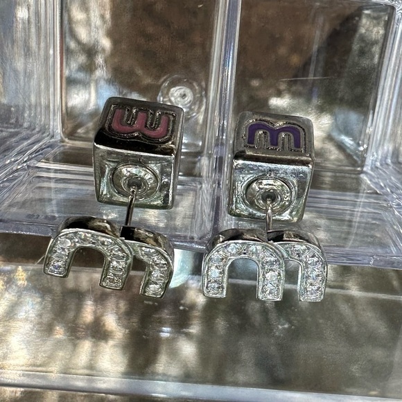 18K White Gold Plated “M” Multicolor Cube Back Weighted Earrings - Picture 1 of 6